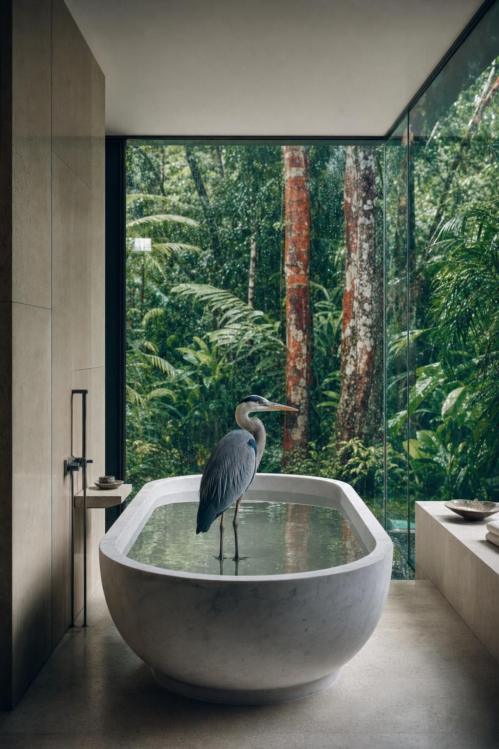 Glass House Heron — a great blue heron stands perfectly still in profile inside a single freestanding white marble bathtub full of still water at the center of a modern glass-walled jungle modernist bathroom, lush tropical brazilwood jungle visible beyond the floor-to-ceiling glass walls. Cinematic surreal narrative fine art print by Maren Voss.