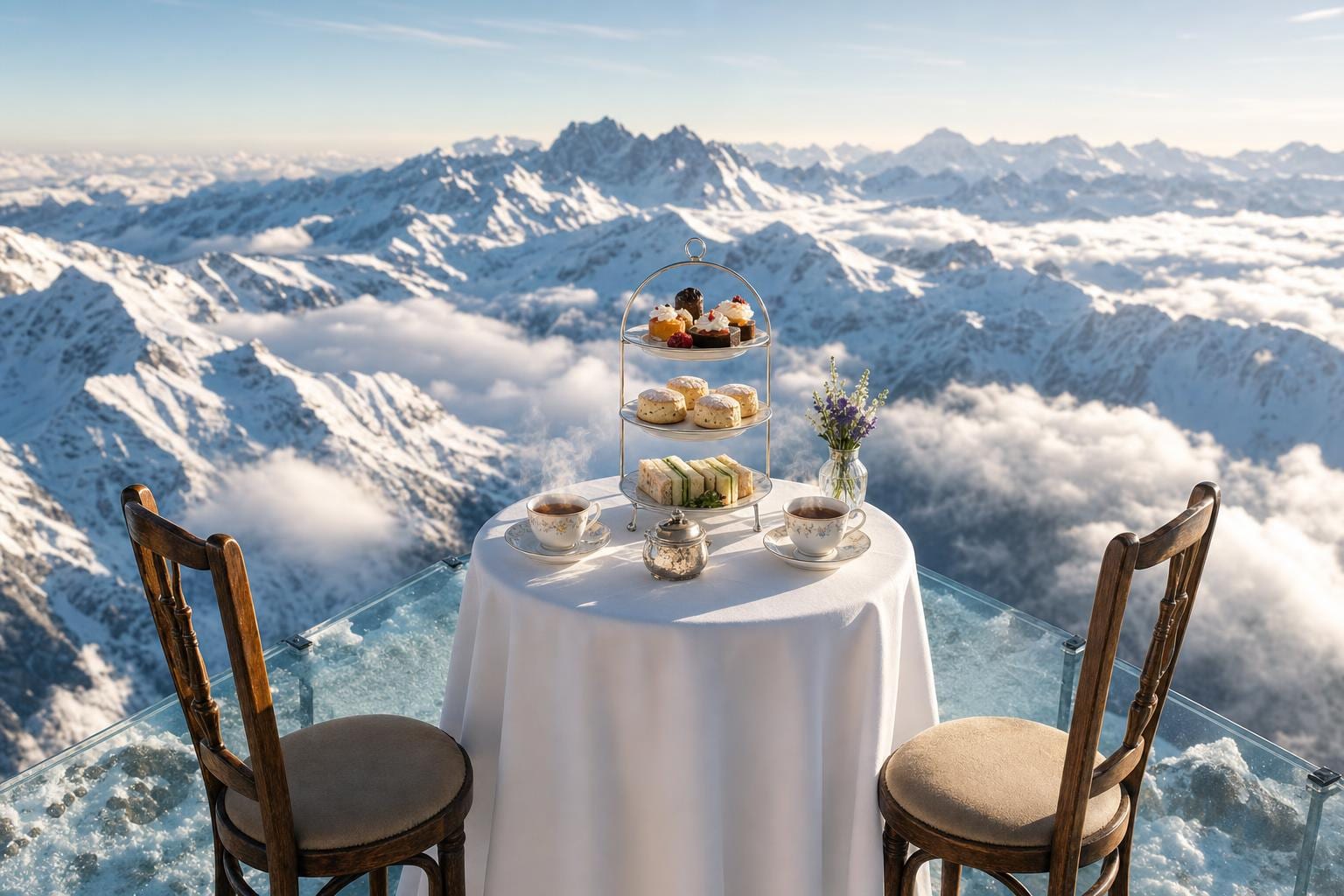 High Tea at Altitude — a fully set formal high tea with a three-tier silver tray, bone-china cups steaming, and a small vase of alpine wildflowers on a white-linen table at the edge of a glass-bottomed observation deck at the summit of an alpine peak, two empty chairs facing each other, vast snowy mountains and drifting clouds below. Cinematic surreal fine art print by Maren Voss.