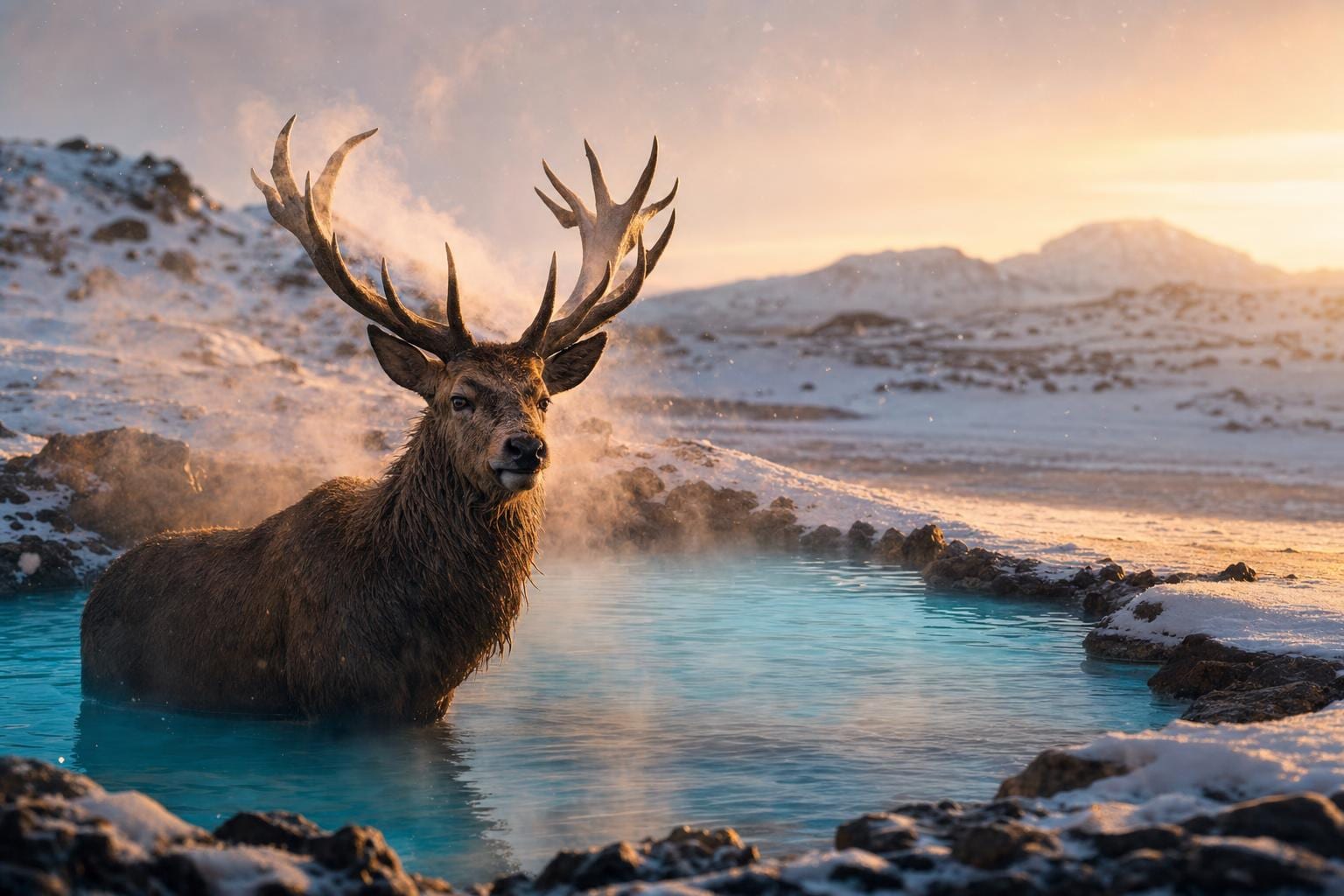 Hot Spring Stag — a magnificent twelve-point red stag stands knee-deep in a still steaming Icelandic-style turquoise hot spring carved into snowy basalt at golden-hour winter sunset, heavy steam curling off its antlers, light snow falling, distant pale mountains. Cinematic surreal fine art print by Maren Voss.