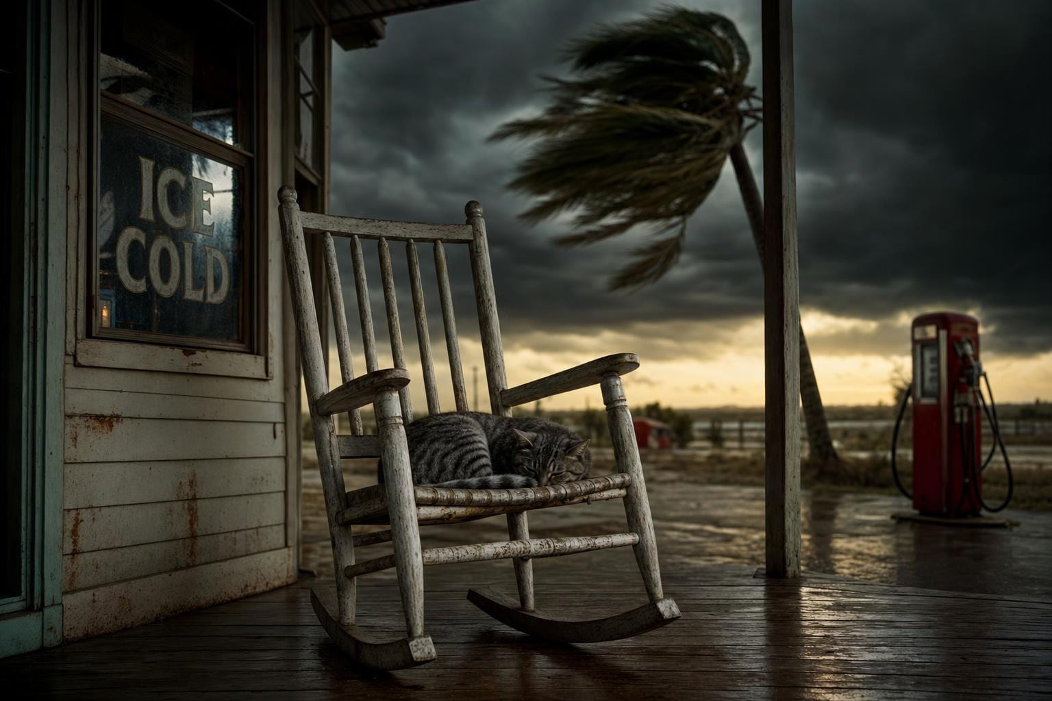 Hurricane Season — an empty wooden rocking chair on the porch of a 1950s Gulf Coast gas station with a grey tabby cat curled inside, palm tree bent 45 degrees in the rising wind, bruised green-black hurricane sky above. Cinematic surreal Americana fine art print by Maren Voss.