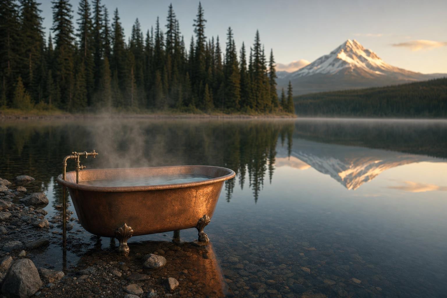 Lake Bath — an antique copper claw-foot bathtub full of slightly steaming water stands ankle-deep in the shallow water of a glass-still alpine lake at cold quiet first dawn, mist drifting across the water, the lake reflecting evergreen forest and a single distant snow-capped peak. Cinematic surreal fine art print by Maren Voss.