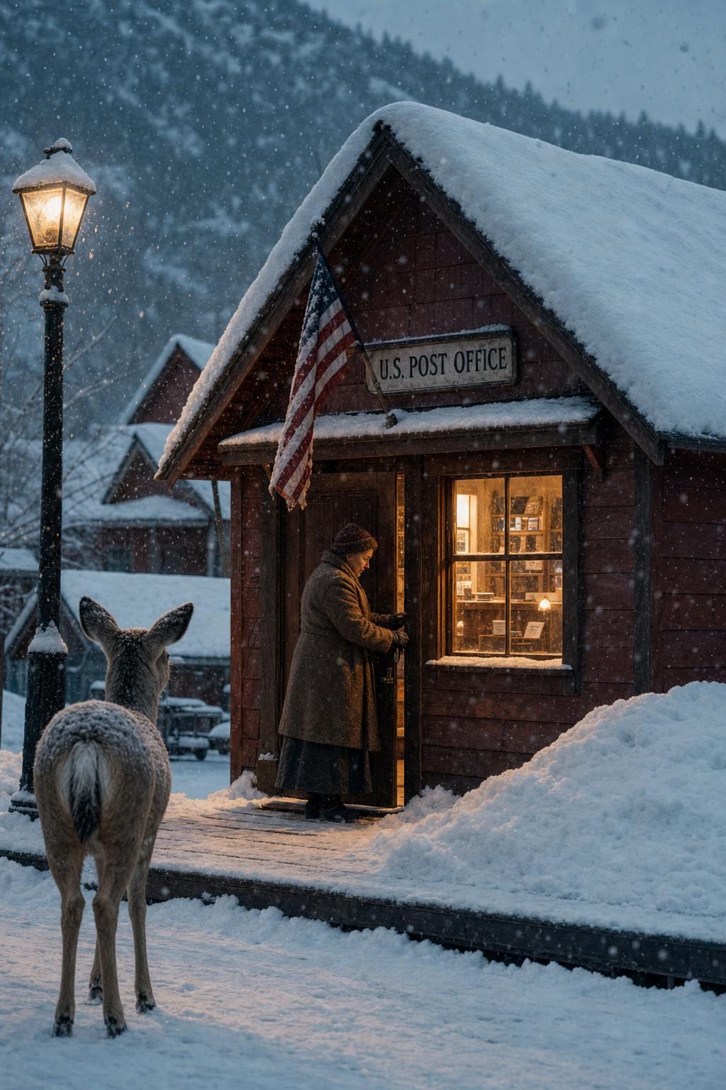 Letters to the President — a postmistress in her late fifties in a wool overcoat and knit hat locks the door of a small wooden mountain-town post office on a snowy winter evening, warm lamplight casting a yellow rectangle through the window onto the snow, a mule deer standing motionless in the foreground watching her. Cinematic Americana fine art print by Maren Voss.