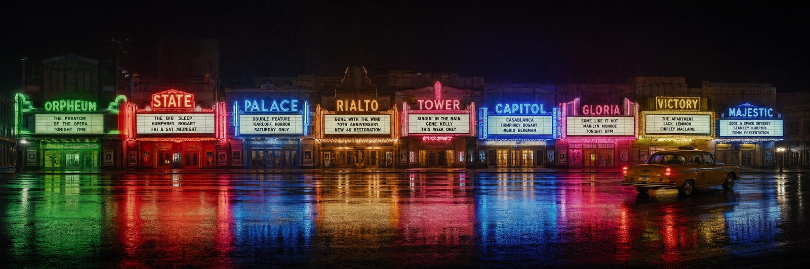 Marquee Mile — an ultra-wide panoramic photograph of a downtown American city block at night where the entire block is occupied by eight or nine vintage cinema marquees lit in different colors of neon, the rain-wet street mirroring all the neon, a single old yellow Checker cab pulling away from the curb at the right edge. Cinematic urban panoramic fine art print by Maren Voss.