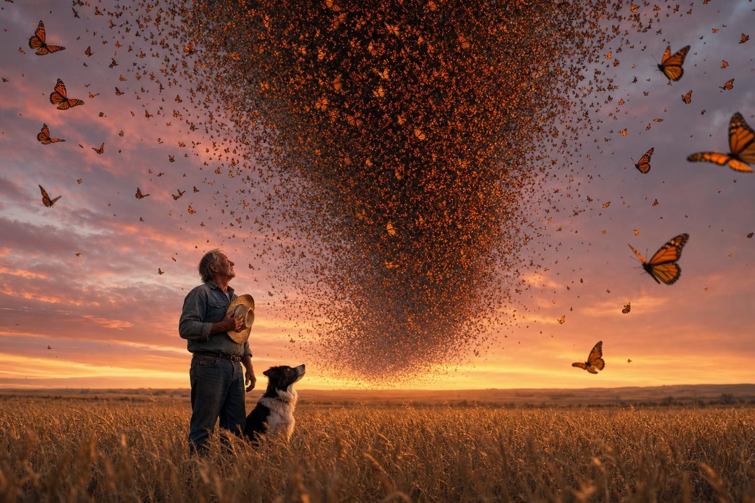 Migration — a single weathered farmer in faded denim with a worn straw hat held to his chest stands in a vast late-summer wheat field at golden-hour sunset, a border collie sitting at his side, an enormous tight column of orange-and-black monarch butterflies forming a slow rotating cloud above the field. Cinematic surreal Americana fine art print by Maren Voss.