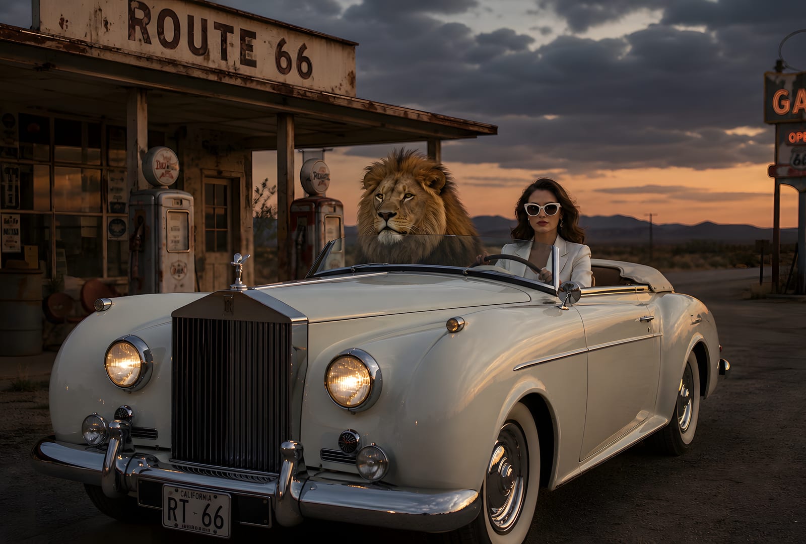 Mojave Royalty — a glamorous woman in white sunglasses driving a vintage white Rolls Royce convertible at sunset, with a male lion sitting calmly in the passenger seat, parked at an abandoned Route 66 gas station. Surreal cinematic Americana, Maren Voss fine art print.