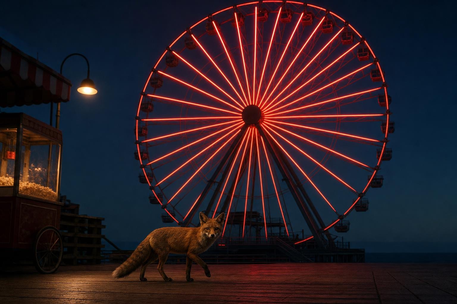 Quiet Carnival — a half-lit Ferris wheel in deep red neon at dusk on an empty Pacific coast boardwalk, a fox crossing the planks mid-step looking at the camera. Cinematic surreal Americana fine art print by Maren Voss.