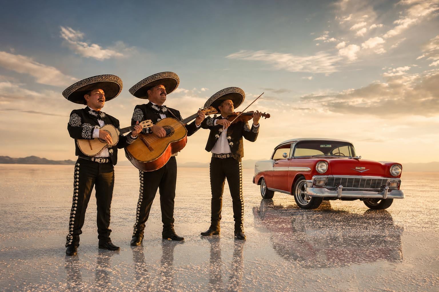 Salt Flats Mariachi — a three-piece mariachi band in black-and-silver suits playing vihuela, guitarrón and violin on the Bonneville Salt Flats at golden hour, a vintage candy-apple-red 1956 Chevrolet Bel Air parked behind them, distant mountains beyond. Cinematic surreal Americana fine art print by Maren Voss.