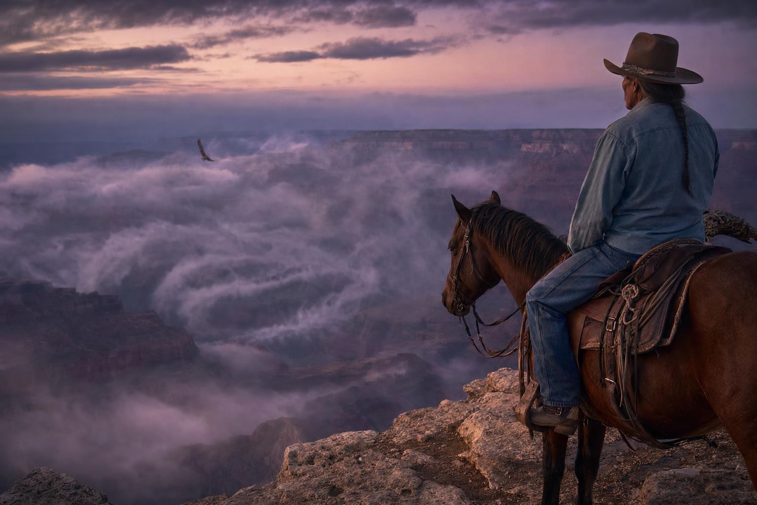 Smoke Signal — a Native American man in his fifties on horseback in a wide-brimmed hat at the rim of the Grand Canyon at deep dusk, the canyon below filled with low ground fog drifting like written smoke, a red-tailed hawk circling in the middle distance. Cinematic Americana fine art print by Maren Voss.
