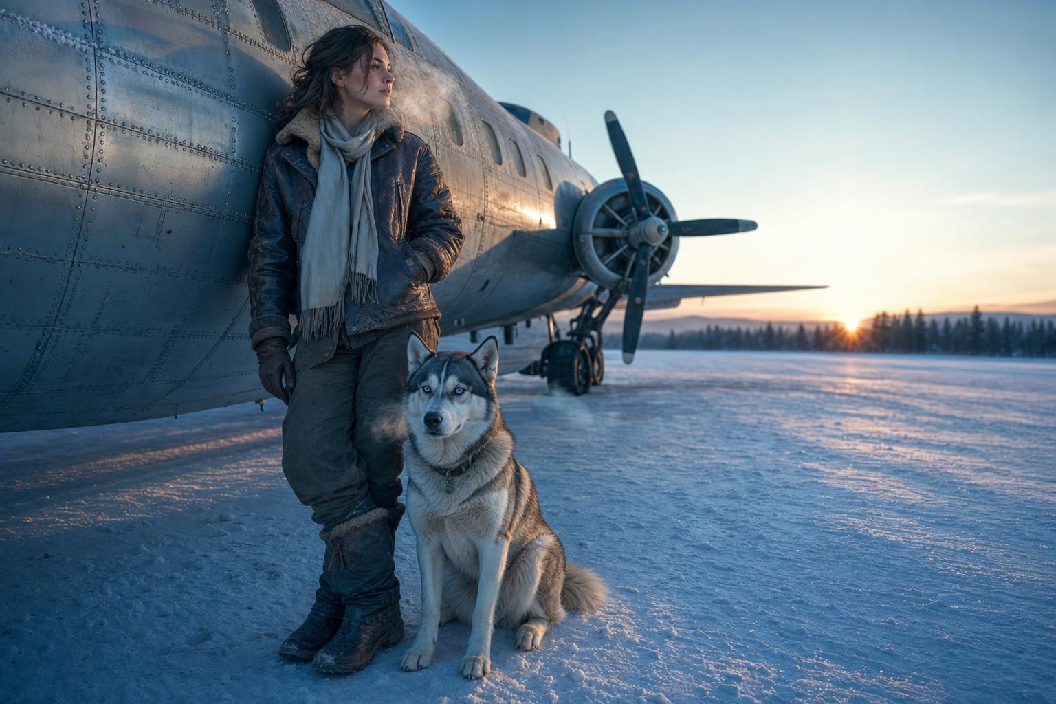 The Aviator's Daughter — a young woman in a worn brown leather aviator jacket leans against a WWII B-17 bomber on a snowy airfield at cold blue dawn, a steel-blue-eyed husky at her feet, breath visible in the freezing air. Cinematic surreal Americana fine art print by Maren Voss.