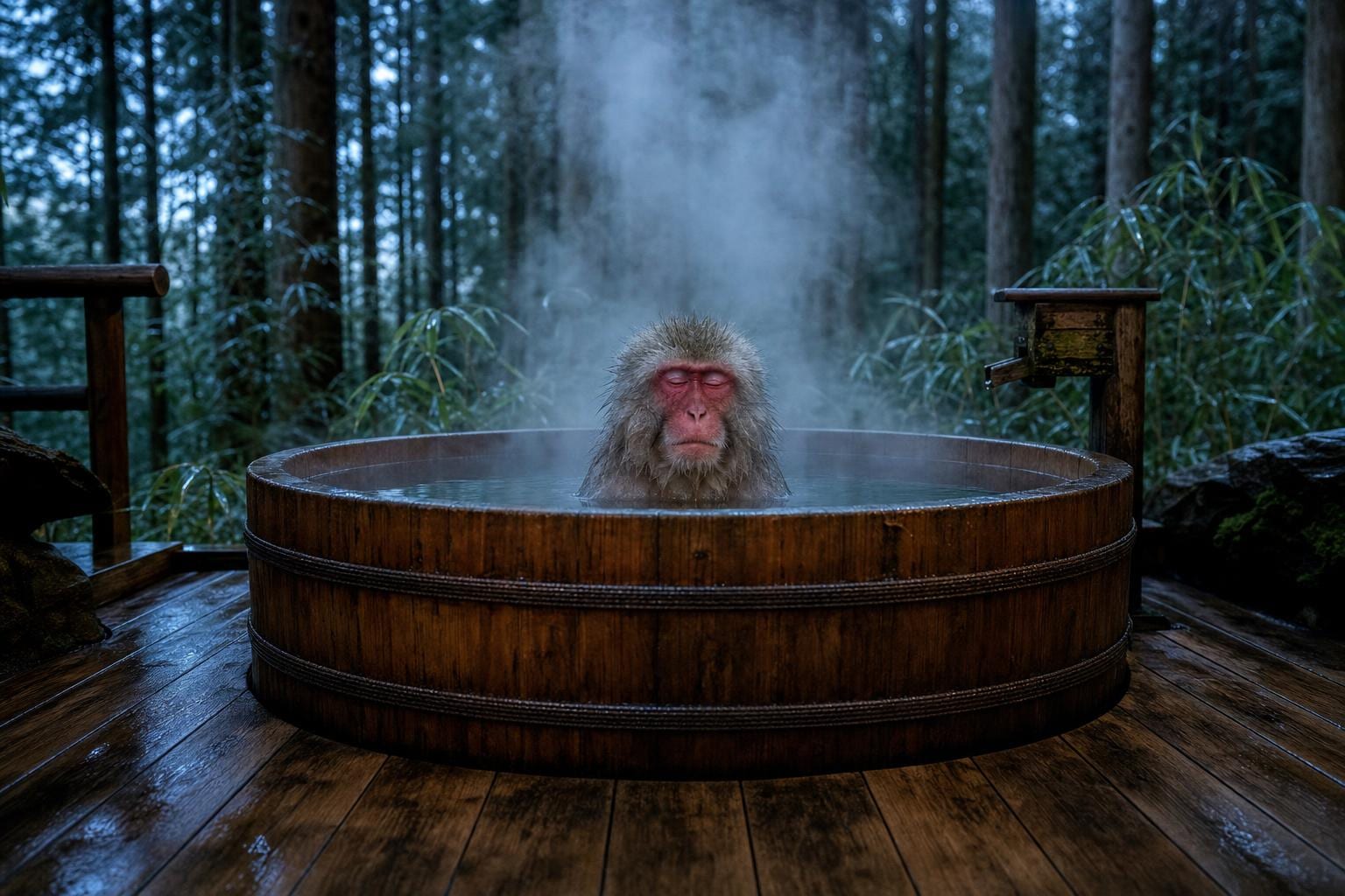 The Bath — a wild Japanese snow macaque sits perfectly still in an outdoor Japanese cedar-wood ofuro hot tub on a moss-covered forest deck at cold blue dawn, thick steam rising in slow columns from the still water, tall pine and bamboo dripping with dew behind. Cinematic surreal narrative fine art print by Maren Voss.
