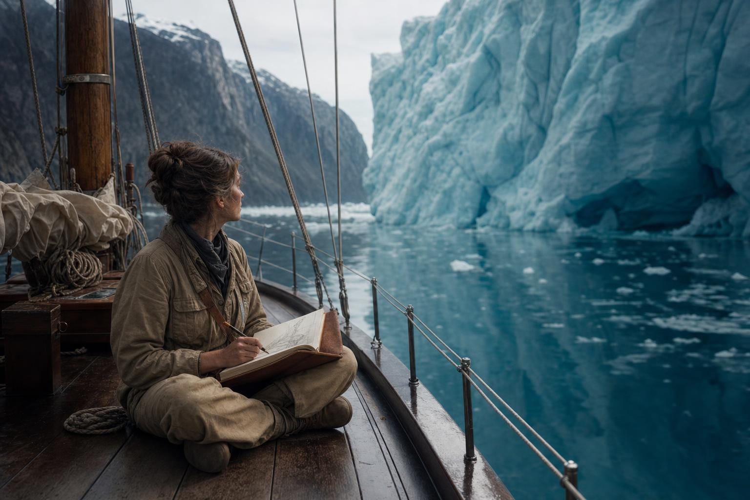 The Cartographer — a woman in 1920s tan canvas field clothes seated cross-legged on the deck of a small wooden sailing ketch in a glassy fjord, sketching in a leather-bound journal, a massive blue-white iceberg towering above her. Cinematic surreal narrative fine art print by Maren Voss.