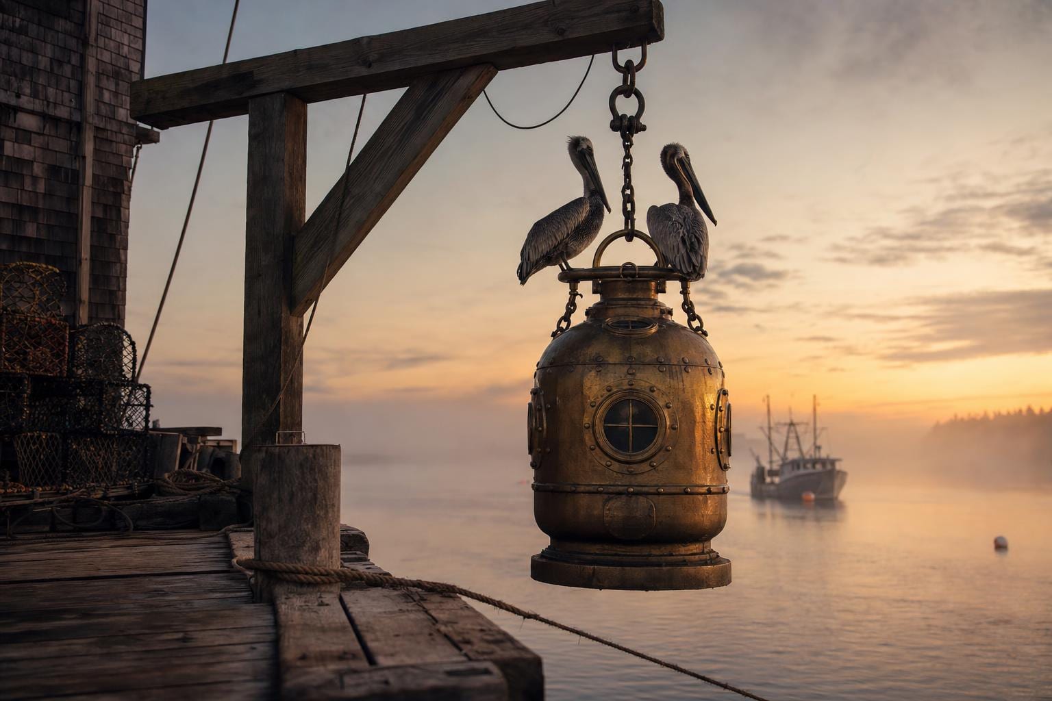 The Diving Bell — a brass vintage diving bell hangs from a wooden boom on a misty New England fishing dock at golden hour dusk, two pelicans perched on top of the bell, calm harbor water and distant fishing boat in the fog beyond. Cinematic surreal Americana fine art print by Maren Voss.