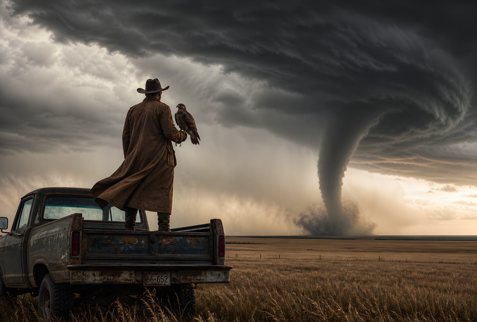 The Falconer — a man in a long duster coat standing on the bed of an old pickup truck on the open plains, holding a falcon on a gloved hand, watching a wedge tornado descend from a wall cloud on the horizon. Cinematic, hyper-realistic, Maren Voss fine art print.