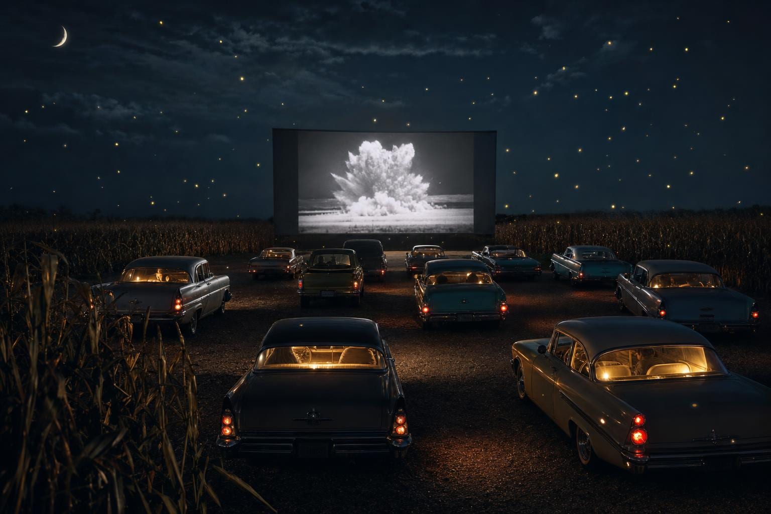 The Last Drive-In — a dozen vintage 1960s cars parked in a gravel lot in a vast summer cornfield watching a frozen black-and-white explosion on a huge outdoor screen, fireflies drifting above the cars, a curve of moon in the corner. Cinematic surreal Americana fine art print by Maren Voss.