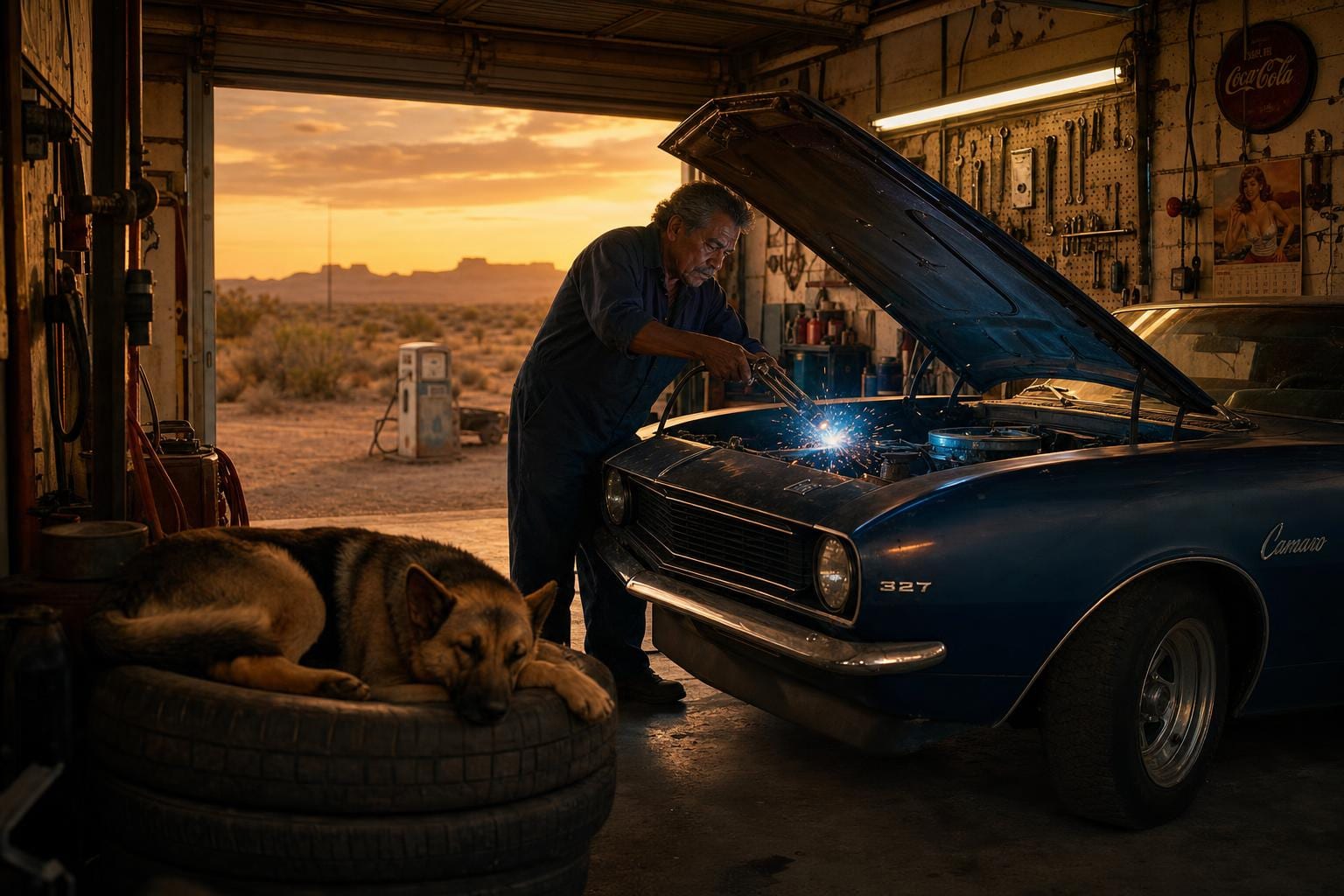 The Last Mechanic — a Latino man in his sixties in dark blue coveralls works under the hood of a 1967 Chevrolet Camaro in a small one-bay desert garage at sunset, sparks flying from a hand welder, a German Shepherd asleep on a stack of old tires, desert mesas visible beyond the open roll-up door. Cinematic Americana fine art print by Maren Voss.