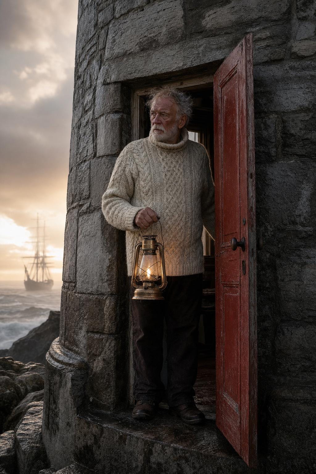 The Lighthouse Keeper — an elderly man in a cream cable-knit sweater standing in the red doorway of a stone Maine lighthouse at dawn after a storm, holding a lit brass kerosene lantern, the mast of a wooden ship visible through sea fog beyond. Cinematic Americana fine art print by Maren Voss.