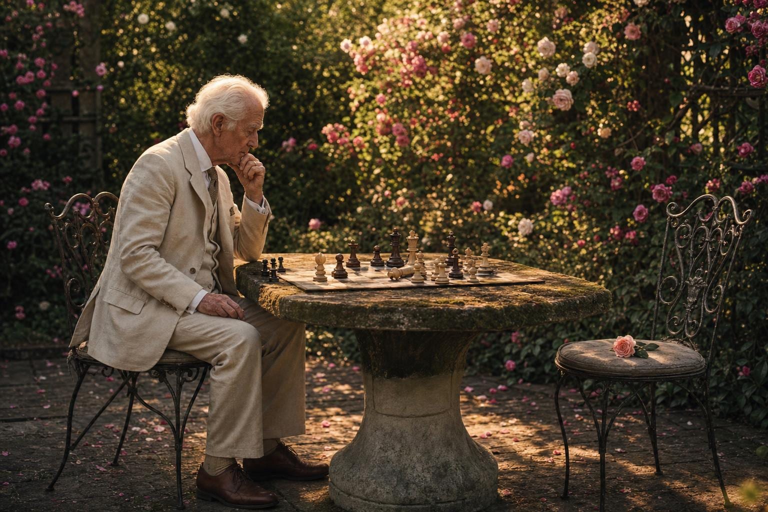 The Rose Gambit — an elderly man in a cream three-piece linen suit sits at a moss-covered stone chess table in an overgrown English rose garden, mid-thought, the white king toppled on the board, the chair opposite him empty with a single rose laid on its seat. Cinematic narrative fine art print by Maren Voss.