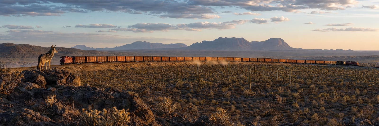The Westbound — an ultra-wide panoramic photograph of a long freight train pulling slowly through the Sonoran desert at golden-hour sunset, hundreds of orange and rust freight cars stretching across the horizon, a single coyote standing on a rocky outcrop in the foreground left watching the train, distant blue mesas beyond. Cinematic surreal Americana fine art panoramic print by Maren Voss.