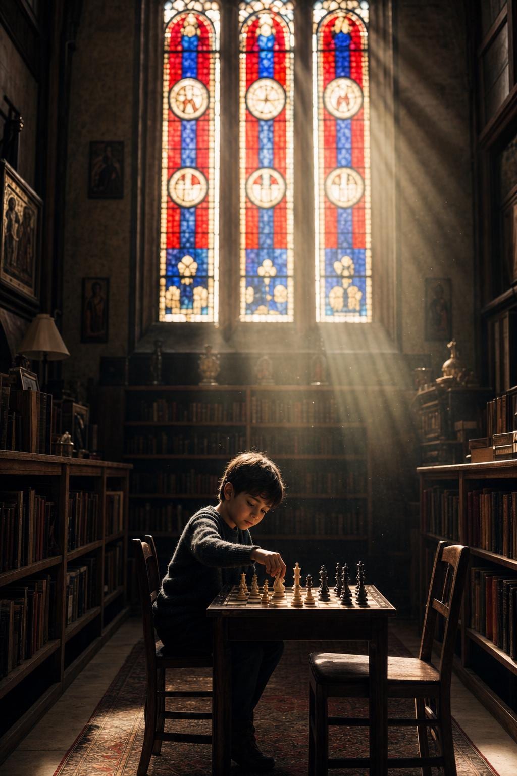 Velvet Pews — a small dark-haired child in a plain sweater plays chess alone at a small table against an empty chair, in a deconsecrated chapel turned private library, shafts of ruby and cobalt stained-glass light cutting through dust motes. Cinematic Americana fine art print by Maren Voss.